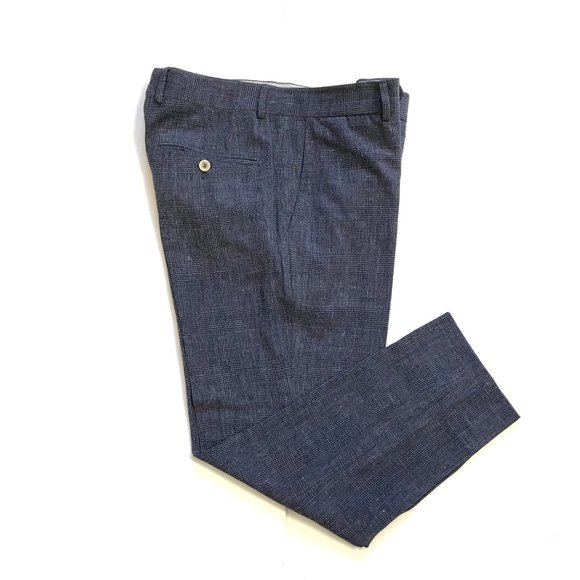 Brunello Cucinelli Check Pants Trousers Mens 30 48 Navy BlueWool Linen Slacks